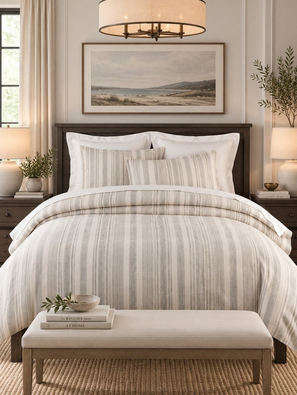Pottery Barn Hawthorn Stripe King/Cal King Duvet Cover + 2 King Shams Charcoal